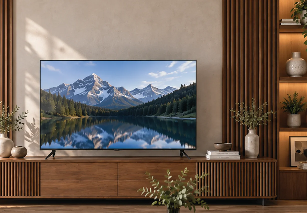 Ahşap panelli duvar önünde ahşap konsol üzerinde karlı dağ manzarası gösteren televizyon