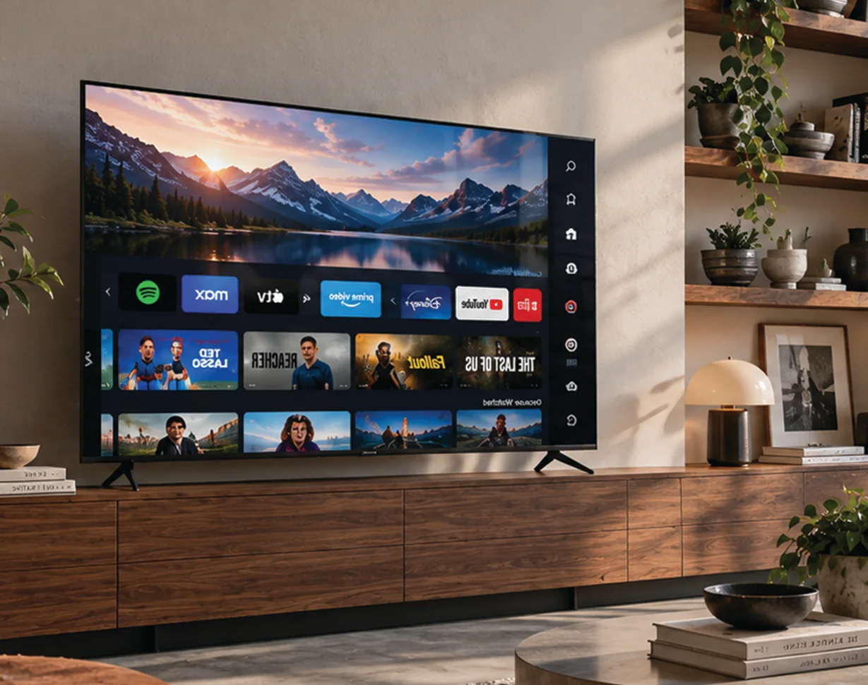 Ekranında akıllı TV arayüzü ve uygulama listesi görünen televizyon