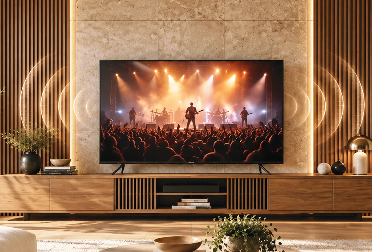 Ahşap panelli duvarda konser görüntüsü gösteren televizyon ve iki yanında ses dalgası efekti