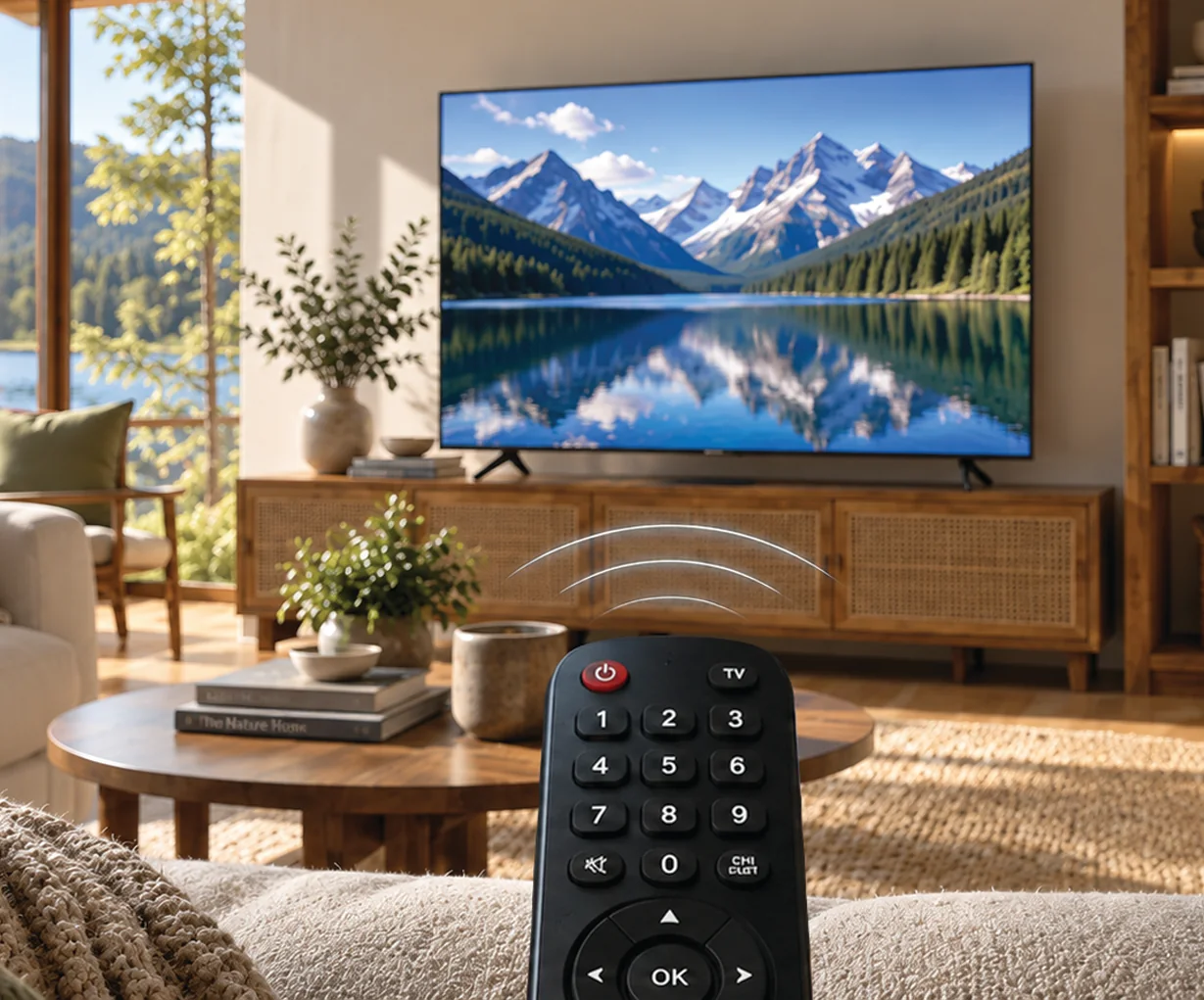Oturma odasında göl manzarası gösteren televizyon ve öne doğru tutulan uzaktan kumanda